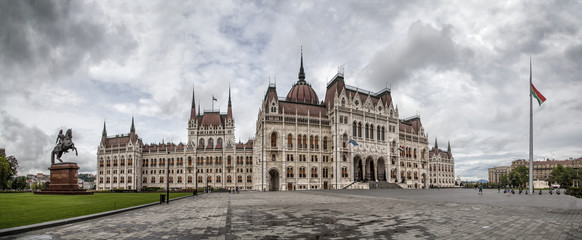 Wide panorama view of the Hungarian Parliament at Kossuth Lajos square, Budapest, Hungary