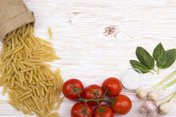 Ingredients. Tomatoes, pasta, garlic, basil, champignon and salt.