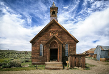 Abandoned buildings in the mining ghost two of Bodie, California.