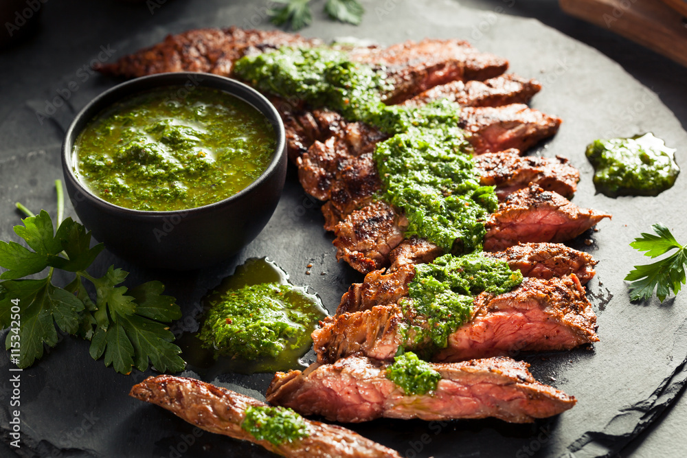 Canvas Prints homemade cooked skirt steak with chimichurri