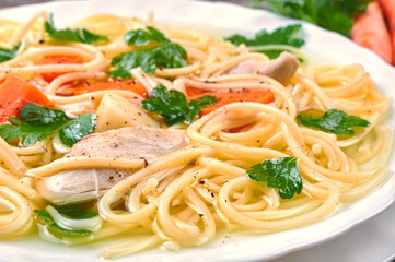 Classic chicken soup with noodles and vegetables