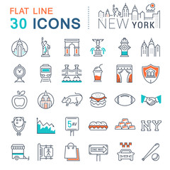 Set Vector Flat Line Icons New York