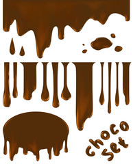 Realistic Choco Set: drops, blots, splashes, leak, sweet frame, decorative collection isolated on white. Hot Melted chocolate seamless elements, vector illustration.