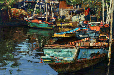 Fototapeta na wymiar Digital painting of fishing boat on canal in Thailand
