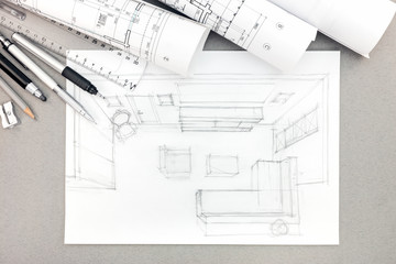 graphical sketch by pencil of interior living room with drawing
