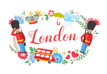 London floral wreath postcard with sightseeing elements © Yuzach