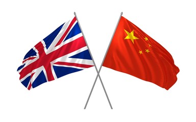 3d illustration of UK and China flags together waving in the wind