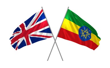3d illustration of UK and Ethiopia flags together waving in the wind