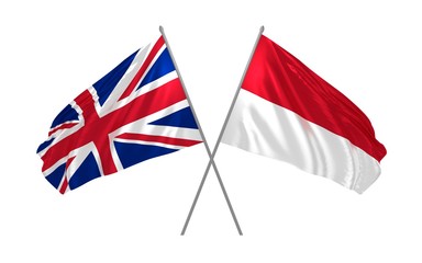 3d illustration of UK and Indonesia flags together waving in the wind