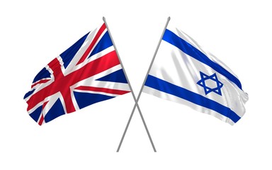 UK and Israel flags crossed and waving in the wind