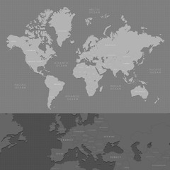 Highly detailed world map with labeling, increased of the European countries. Dark grayscale vector illustration.