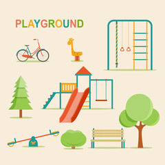 Fototapeta premium Kids playground, city park set. Kindergarten playground with swings, slide, rope, toy giraffe.Vector flat illustration.