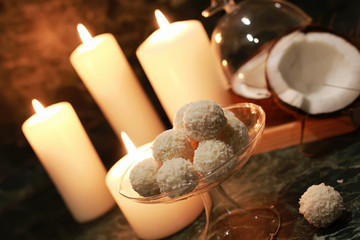 Cokonut candy on wooden background