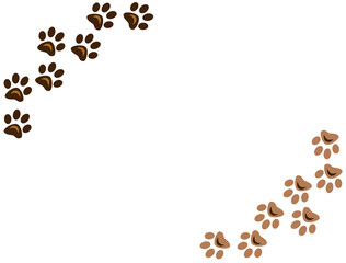 Animal paw prints on white background border corner with empty space for your text. Raster graphic image.