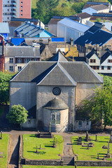 Aerial view of Kirk of the Canongate Edinburgh, Scotland UK