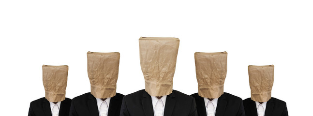 
Five businessman in suit with brown paper bag on head