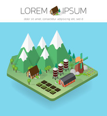 Farm isometric landscape. windmill In the foreground the , a barn, house , fields. On a background of the mountain and tree. Farm background. Vector.