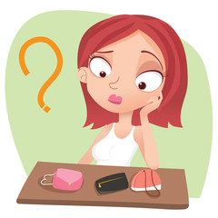 girl can not decide between three handbag