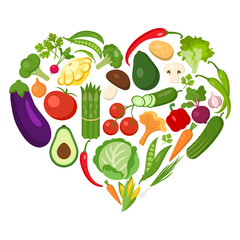 Heart shaped vegetables set on white. All the fresh and healthy vegetables including peas avocado, cucumber, lonion, broccoli, pepper, chili, tomato and more.