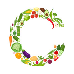 C letter from vegetables. Green alphabet. Fresh green vegetables for healthcare. Healthy diet concept. All vegetables like carrot, onion, tomato, pepper, cucumber, cabbage.