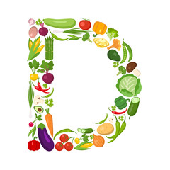 D letter from vegetables. Green alphabet. Fresh green vegetables for healthcare. Healthy diet concept.All vegetables like carrot, onion, tomato, pepper, cucumber, cabbage.