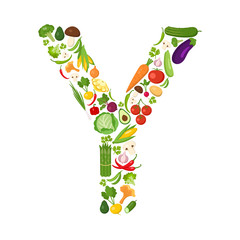 Y letter from vegetables. Green alphabet. Fresh green vegetables for healthcare. Healthy diet concept. All vegetables like carrot, onion, tomato, pepper, cucumber, cabbage.