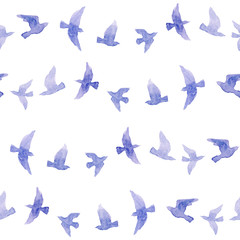 Cute repeat pattern with naive watercolor birds 