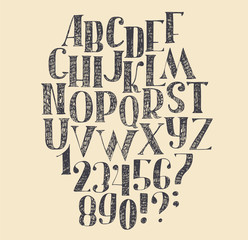 Vector hand drawn font, based on english hand drawn abc from a to z and numbers from 0 to 9. Capital font made with nib and serif, decorated hatch freehand alphabet . Isolated vector illustration.