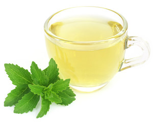 Herbal tea in a cup with stevia leaves