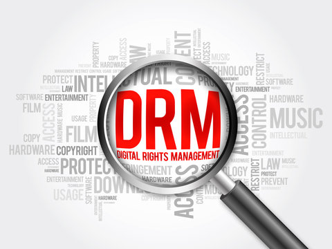 DRM - Digital Rights Management  word cloud with magnifying glass, business concept