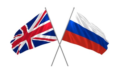 UK and Russia flags crpssed waving in the wind