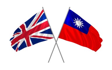3d illustration of UK and Taiwan flags together waving in the wind