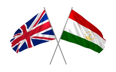 3d illustration of UK and Tajikistan flags together waving in the wind