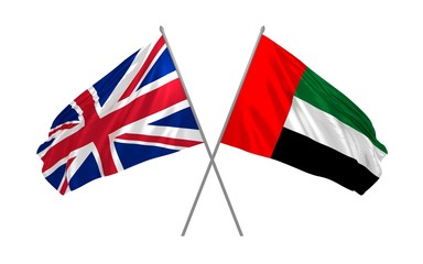 3d illustration of UK and United Arab Emirates flags together waving in the wind