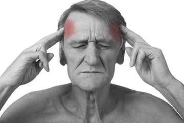 Closeup headshot senior man suffering from headache hands on head   isolated on white background.