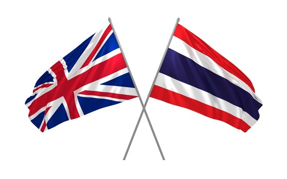 3d illustration of UK and Thailand flags together waving in the wind