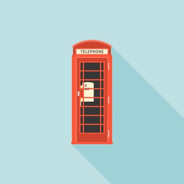 Red telephone box of London, flat design with long shadow