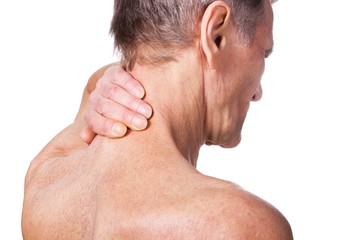 Man touching back of spine.Pain concept.Isolated on white