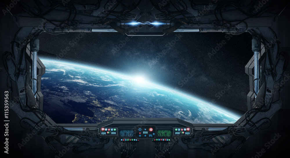 Poster view of planet earth from inside a space station