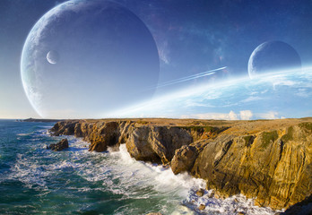 View of distant planet system from cliffs