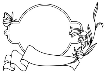 Elegant round frame with bluebells and butterfly.  Design element for advertisements, logos, pages, flyer, web, wedding and other invitations or greeting cards. Vector clip art.