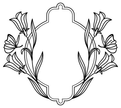 Elegant round frame with bluebells and butterfly.  Design element for advertisements, logos, pages, flyer, web, wedding and other invitations or greeting cards. Vector clip art.