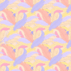 vector hand drawn boho seamless pattern with colored feathers
