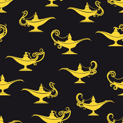 Obraz premium Black and yellow aladdin lamps seamless pattern. Vector illustration
