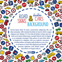 Vector background of doodles road signs and cars.