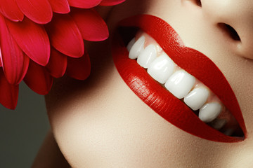 Close-up shot of sexy woman lips with red lipstick and beautiful pink flower. Perfect clean skin,...