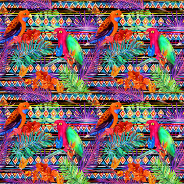 Tropical leaves, exotic flowers, parrot birds. Repeating pattern. Watercolor