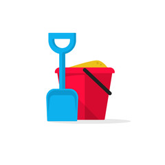 Bucket and spade with sand vector illustration flat icon isolated, kid toys tools symbol, pail shovel label, bucket and spade modern design banner, sandbox place sign ribbon design concept © vladwel