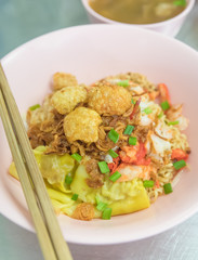 Chinese egg noodle with red roasted pork , Chinese noodle , Chinese food
