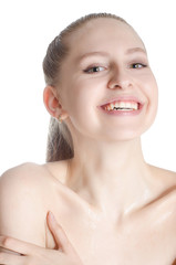 Obraz premium Portrait of beautiful smiling woman on white background